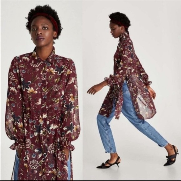 ZARA Burgundy Floral Button down tunic blouse - Picture 7 of 8